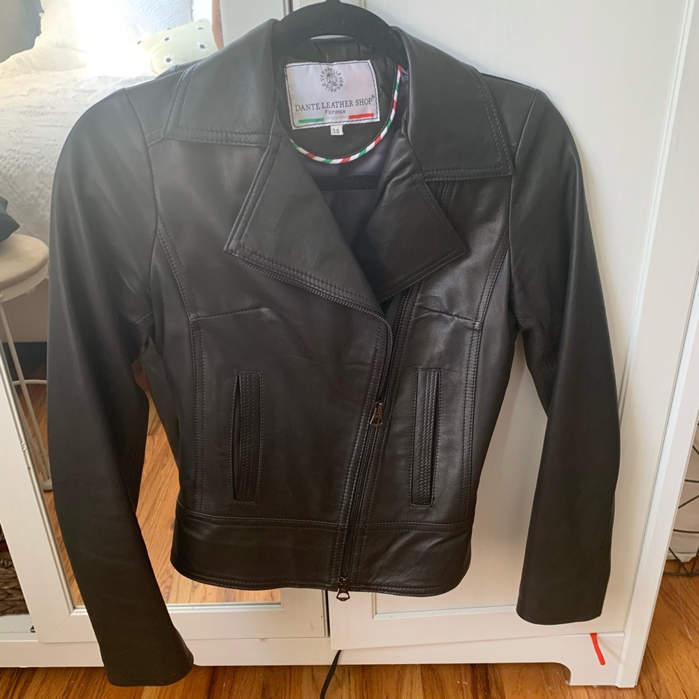 Black leather jacket made in Florence, Italy